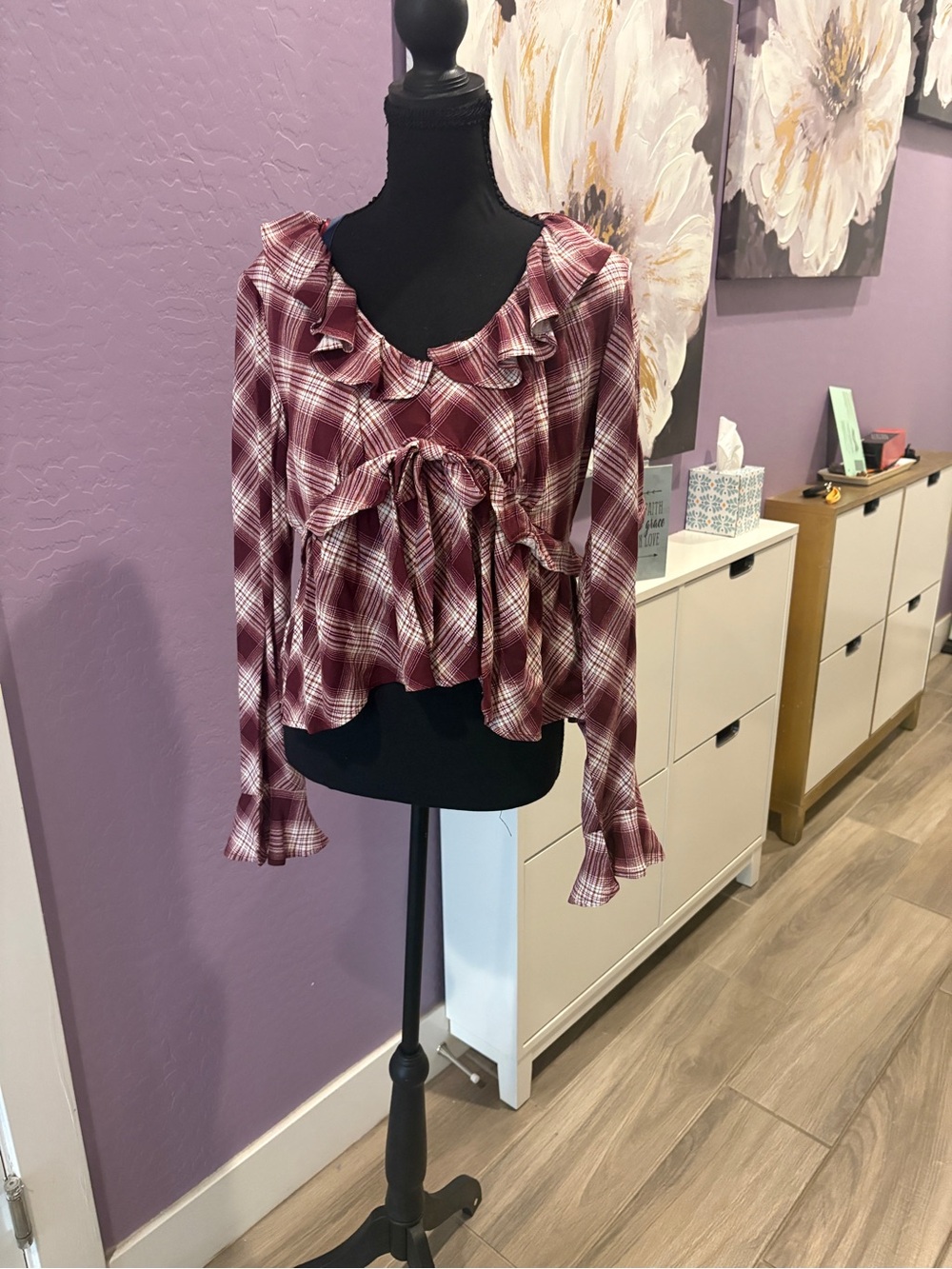 Self Esteem Burgundy Plaid Ruffle Tie-Front Crop Top